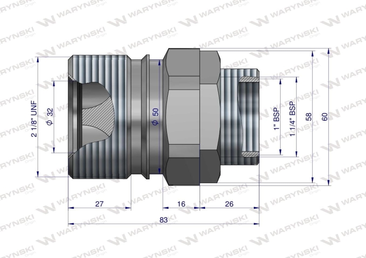 Szybkozłącze hydrauliczne skręcane (motylkowe) gniazdo G1"BSP gwint wewnętrzny 250bar Waryński 2