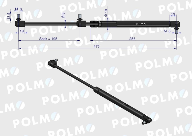 Siłownik szyby tylnej L max. 475mm 1873903M93P MASSEY FERGUSON LANDINI FORD POLMO 3