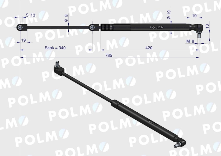 Siłownik tylnej szyby L max. 785mm 3389556M1P MASSEY FERGUSON POLMO 2