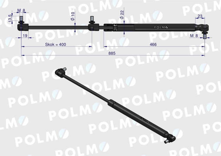 Siłownik maski L max. 885mm 65415045 MASSEY FERGUSON POLMO 3
