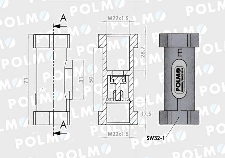 Zawór zwrotny odcinający prosty 22x1.5 gwint wewnętrzny max ciśnienie 22MPa POLMO 2