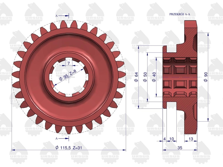 Koło zębate przesuwne napędu pompy hydraulicznej C-330 50011190 ORYGINAŁ URSUS  2