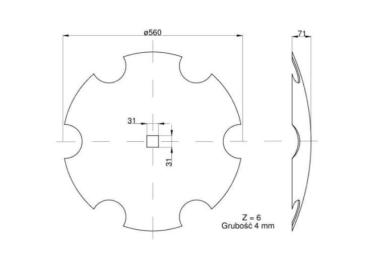 Talerz uzębiony fi 560 otwór 30x30 stal borowa Talerzówka 1279601010 1202030130