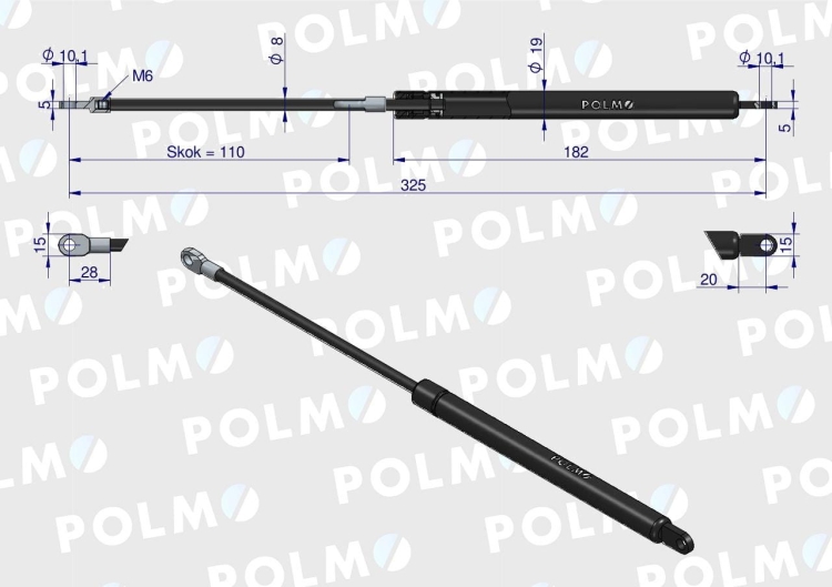 Siłownik szyby tylnej drzwi szyberdachu L max. 325mm 60117932 00938230 ZETOR POLMO  2