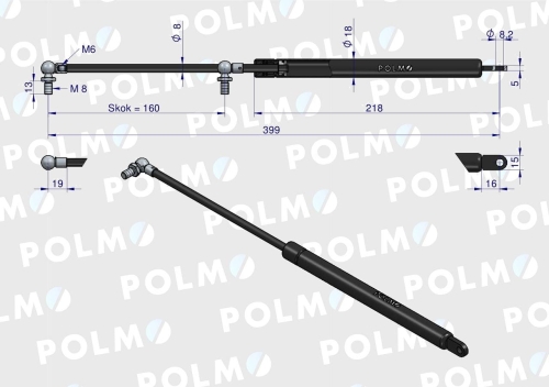 Siłownik szyby przedniej tylnej L max 399mm 65499074 FRITZMEIER POLMO 2