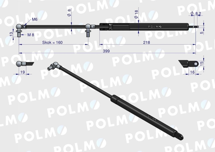 Siłownik szyby przedniej tylnej L max 399mm 65499074 FRITZMEIER POLMO 2