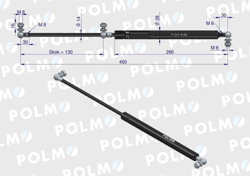 Siłownik maski silnika L max. 450mm 87480238P CASE IH NEW HOLLAND POLMO 2