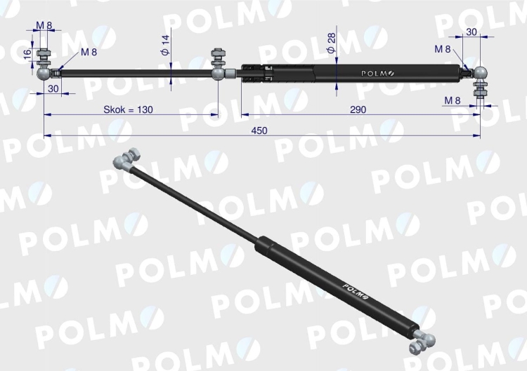 Siłownik maski silnika L max. 450mm 87480238P CASE IH NEW HOLLAND POLMO 2