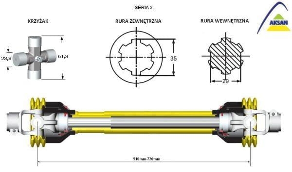 Wał przegubowo-teleskopowy wałek wielowypustowy frezowany 510-720mm 250Nm 40210 CE seria 2 AKSAN 2