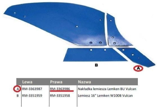 Dłuto nakładka lemiesza prawa 3363986 Lemken BU Vulcan 2