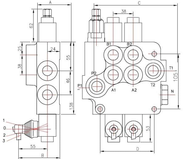 Rozdzielacz hydrauliczny dwusekcyjny (2) 80L 2