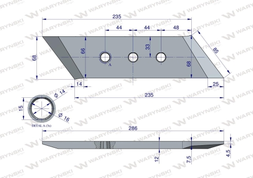 Dłuto nakładka lemiesza lewe trzyotworowe zastosowanie VIS/34 XL Unia Pług stal borowa WARYŃSKI 2