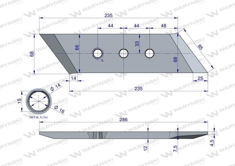 Dłuto nakładka lemiesza lewe trzyotworowe zastosowanie VIS/34 XL Unia Pług stal borowa WARYŃSKI 2