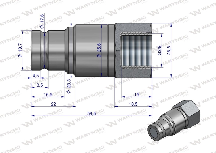 Szybkozłącze hydrauliczne suchoodcinające wtyczka G3/8"BSP gwint wewnętrzny ISO16028 Waryński 4