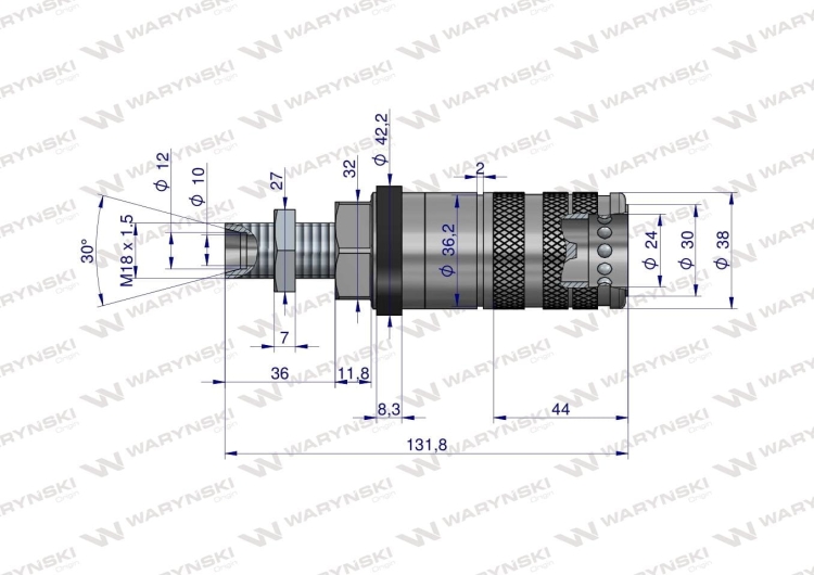 Szybkozłącze hydrauliczne zrywalne seria WIA3CV (3CFPV) gniazdo long M18x1.5 gwint zewnętrzny EURO PUSH-PULL (ISO 7241-A) Waryński  2