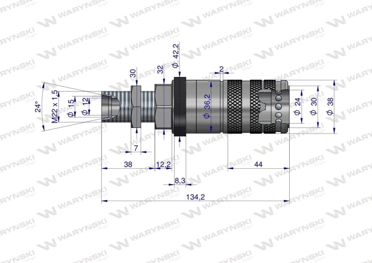 Szybkozłącze hydrauliczne zrywalne seria WIA3CV (3CFPV) gniazdo long M22x1.5 gwint zewnętrzny EURO PUSH-PULL (ISO 7241-A) Waryński 2