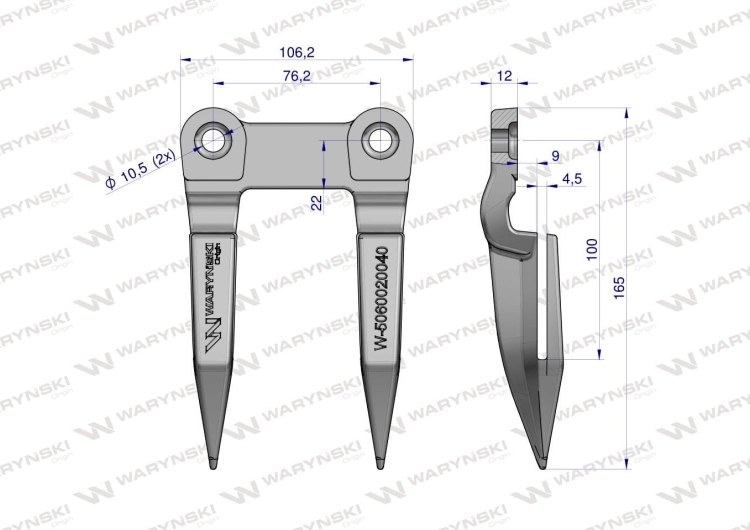Bagnet palec podwójny hartowany Bizon Rekord 5060020040 5020040R Waryński rysunek techniczny