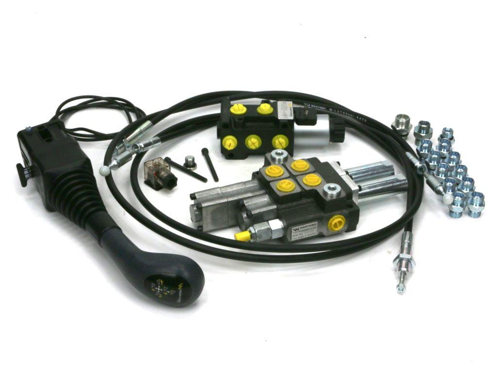 Zestaw 40L do ładowacza czołowego: Rozdzielacz 2-sek.(1 pływająca) + Elektrozawór + Joystick z przyciskiem na kulkę + El.zł.+ Linki 1500mm Waryński