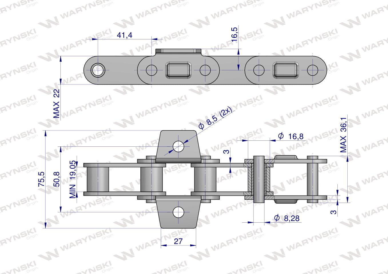 Łańcuch podajnika CA550VD łapka K1 co 6 ogniwa 5m Waryński