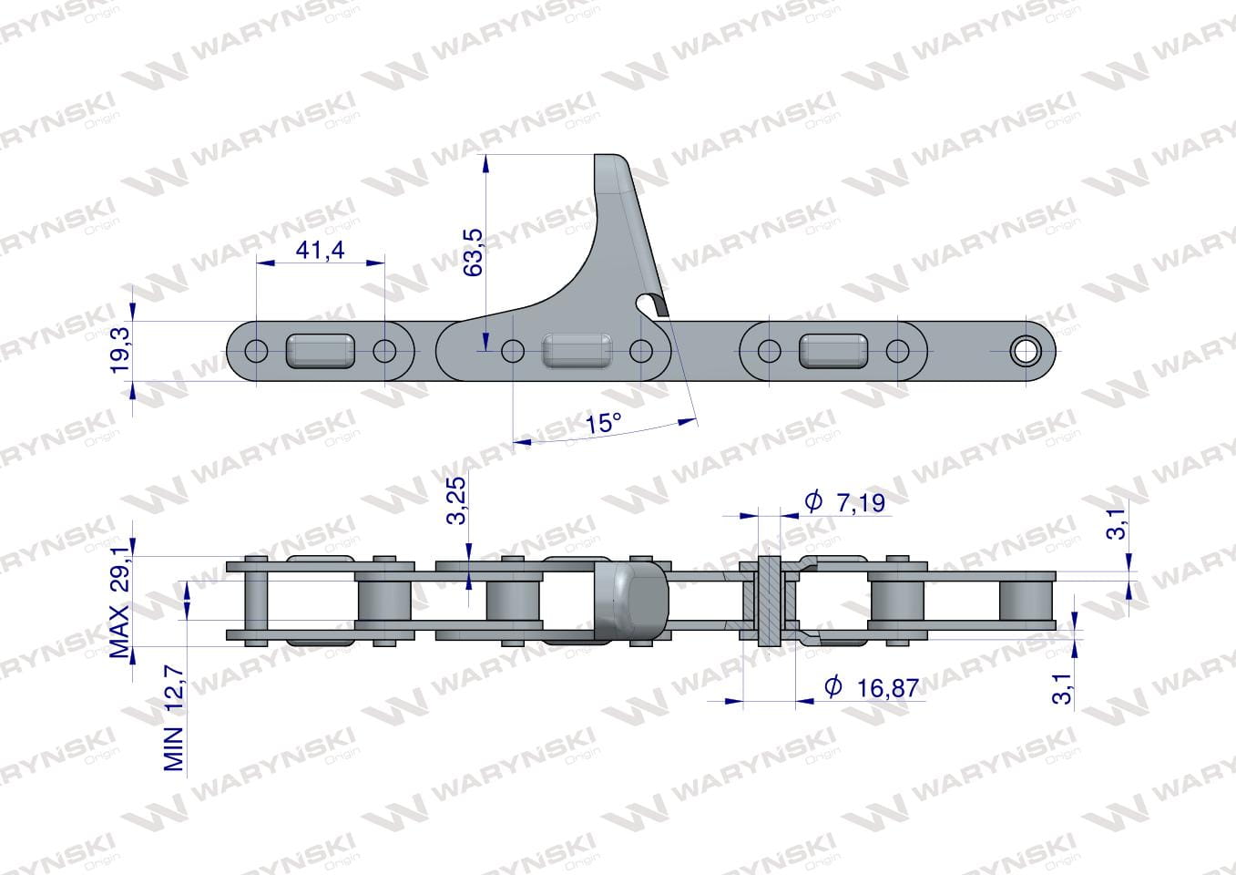 Łańcuch obrywacza kolb przystawki do kukurydzy zamknięty 48 ogniw CA555F3 x 48A zastosowanie Case WARYŃSKI