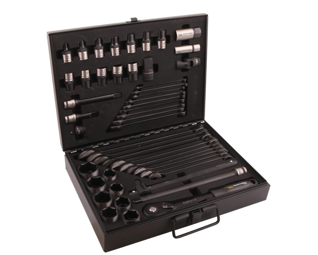 Zestaw nasadek 1/2 z grzechotką i kluczami w kasecie metalowej 49 el. Waryński