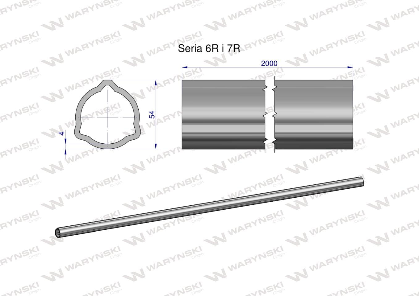 Rura trójkątna zewnętrzna Seria 6R i 7R do wału przegubowo-teleskopowego 54x4mm 2m WARYŃSKI (sprzedawane po 2)