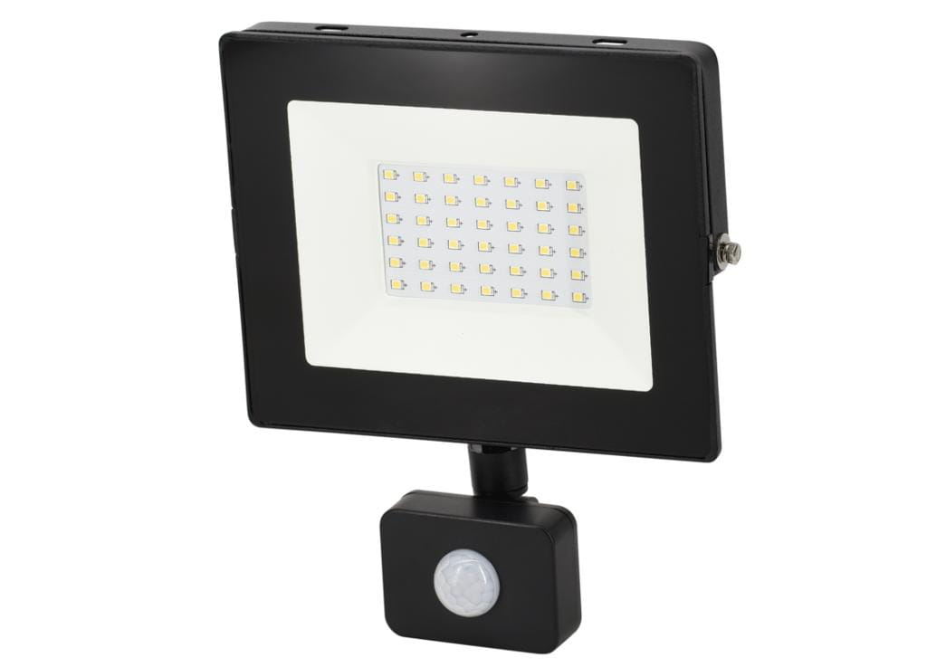 Naświetlacz. Lampa LED SMD 230V 30W 6000K 2500LM IP65 CZARNY Z CZUJNIKIEM RUCHU