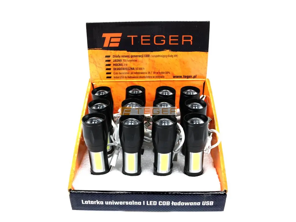 Latarka uniwersalna LED COB 200 lm ładowana USB Teger 12 szt w kartoniku ekspozycyjnym