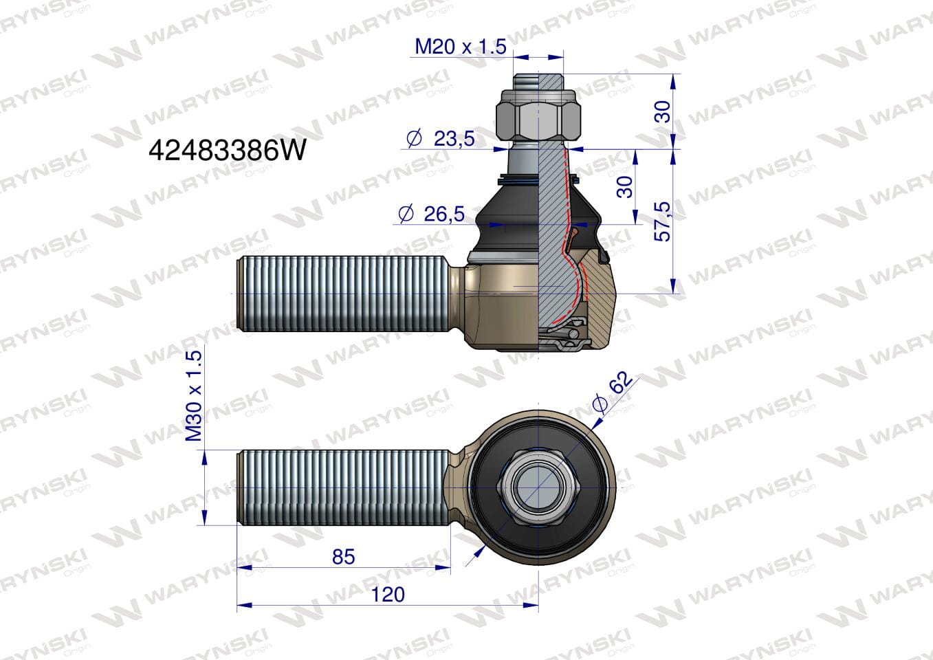 Przegub układu kierowniczego JCB  42483386 Waryński