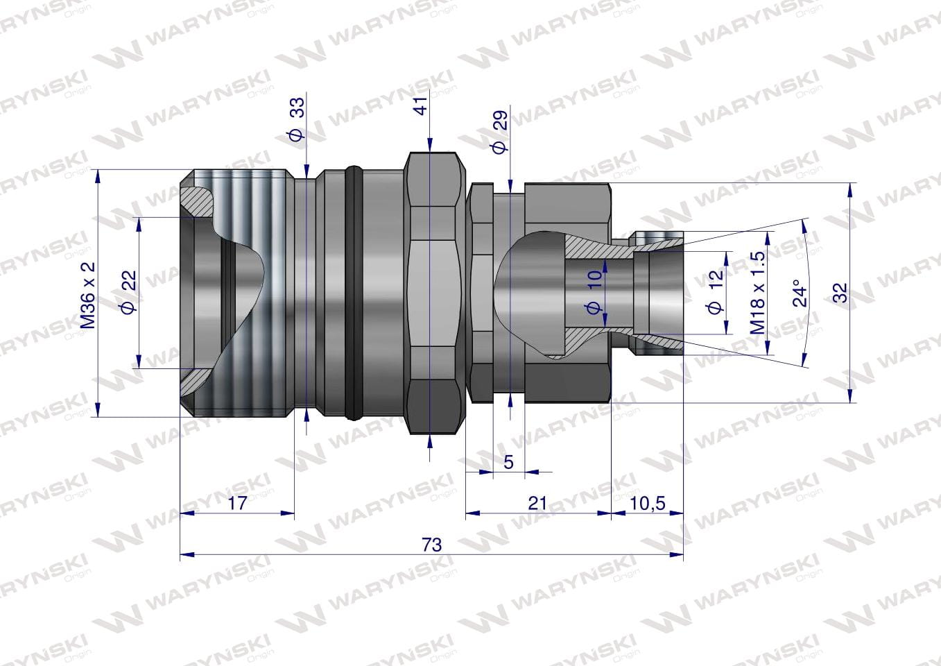 Szybkozłącze hydrauliczne skręcane gniazdo M18x1.5 gwint zewnętrzny 300bar Waryński