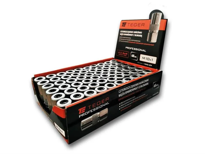 Zestaw w ekspozytorze czteroszczękowych końcówek węża smarownicy z blokadą M10x1. 413 BAR (6000 PSI) Professional TEGER (sprzedawane po 60 szt.)
