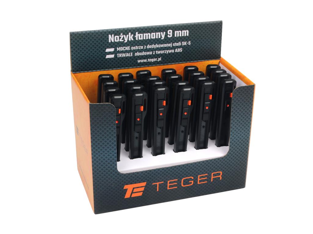 Nożyk łamany ostrze 9mm ze stali SK2 w obudowie z tworzywa ABS  Teger 24szt w kartoniku ekspozycyjnym
