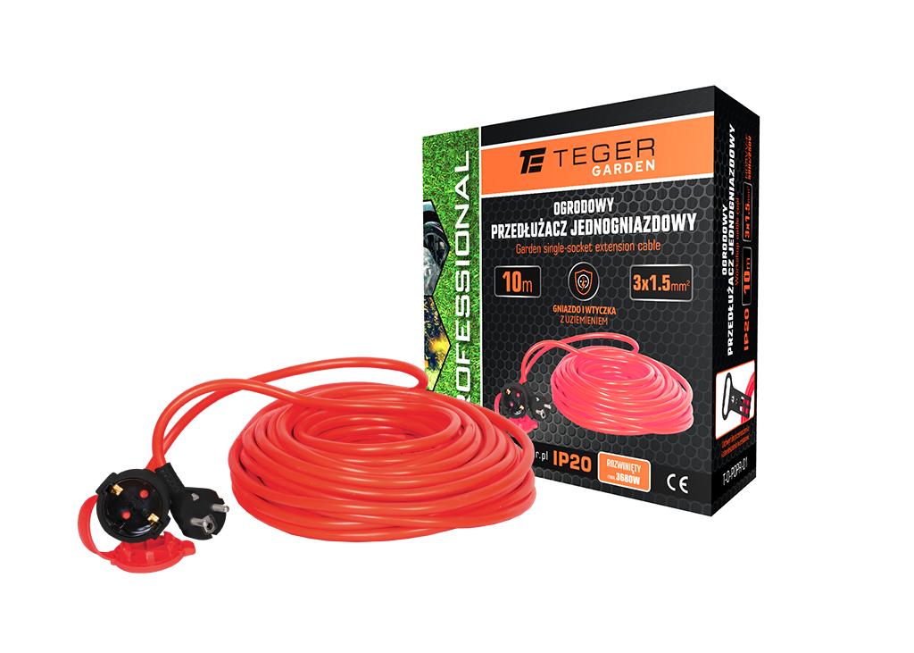 Przedłużacz jednogniazdowy ogrodowy 3X1,5mm 10m PROFESSIONAL IP20 H05VV-F z uziemieniem CE Teger