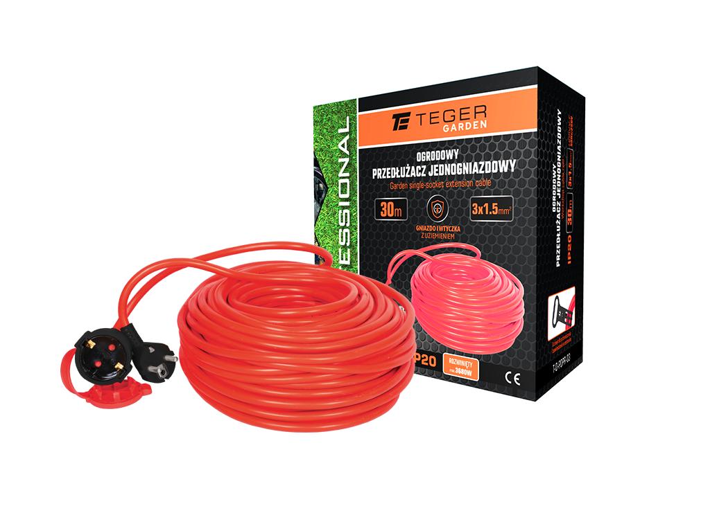 Przedłużacz jednogniazdowy ogrodowy 3X1,5mm 30m PROFESSIONAL IP20 H05VV-F z uziemieniem CE Teger