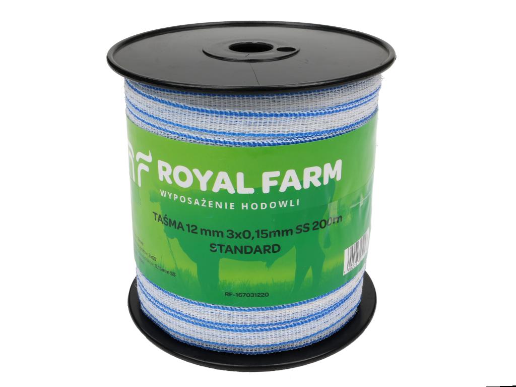 Taśma do pastucha elektryzatora 12 mm 3x0,15mm SS biało-niebieska 200m Royal Farm