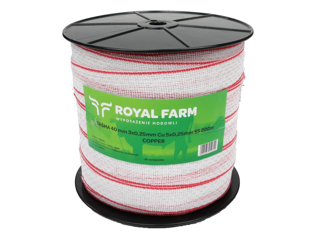 Taśma do pastucha elektryzatora 40mm 3x0,25mm Cu 5x0,25mm SS biało-czerwona 200m Royal Farm
