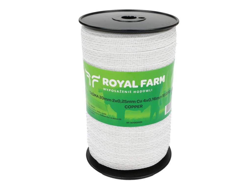 Taśma do pastucha elektryzatora 20 mm 2x0,25mm Cu 4x0,16mm SS biała 200m Royal Farm