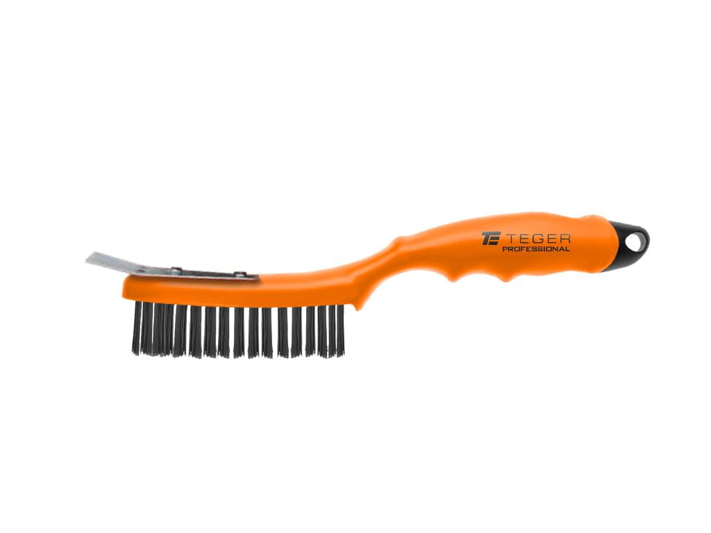 Szczotka druciana do rdzy ze skrobakiem drut stalowy czarny  / 4 rzędowa plastikowa rączka PROFESSIONAL Teger