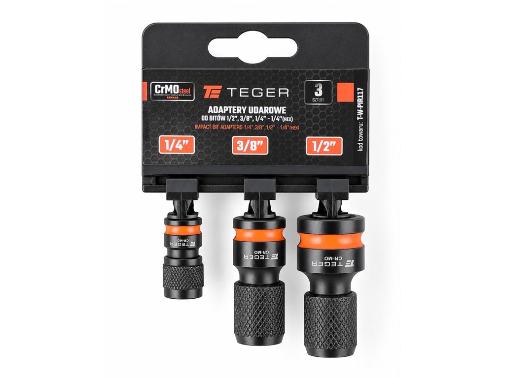 Adaptery udarowe do bitów 1/2" 1/4" 3/8" na 1/4"(HEX) (zestaw 3 szt) Cr-Mo Teger